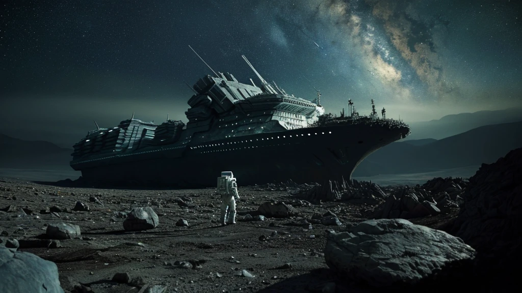 (((masterpiece))) It's nighttime on an alien planet, and a futuristic galactic ship has crashed on the earth of a rocky alien planet, the ship has visible damage from the impact. The astronaut is standing to the side of the scene in the foreground, with his back turned, observing his shattered ship. The planet lacks vegetation, there are only rocks and stones, it's nighttime.