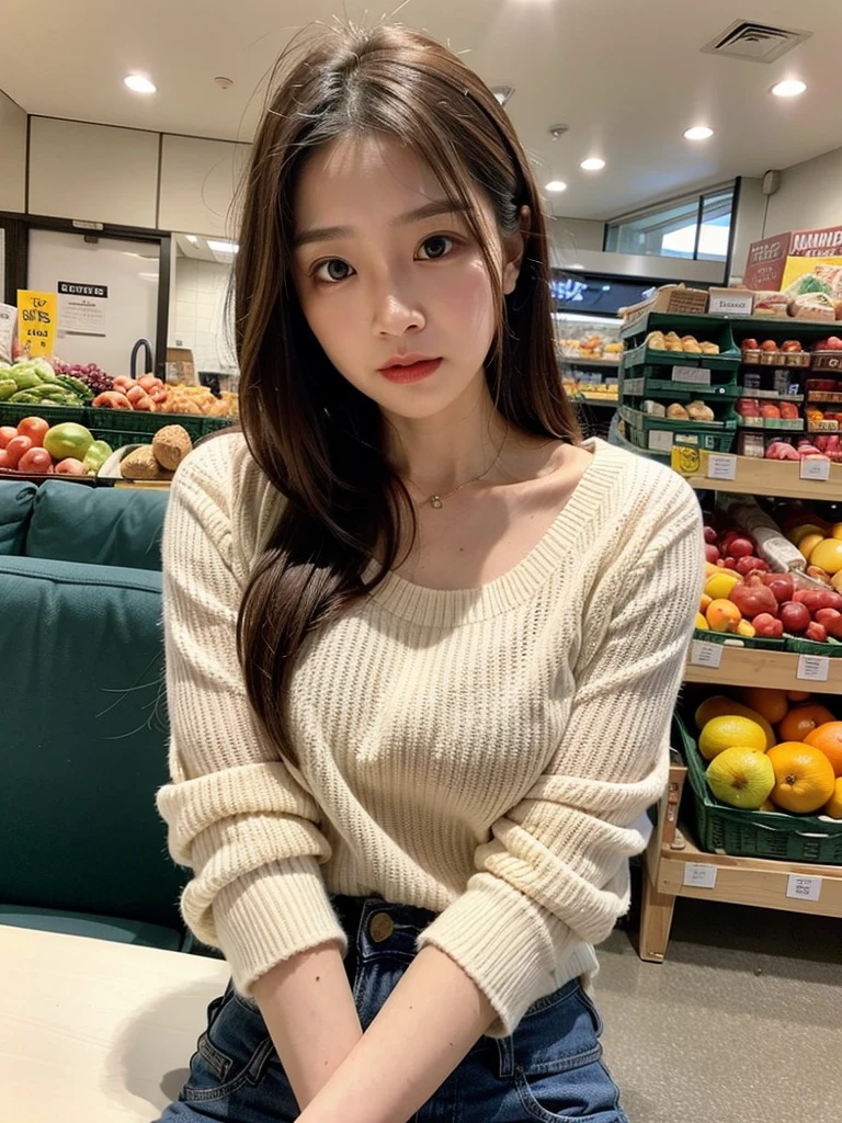 A woman,Messy hair，Wear simple clothes,Surprised expression,The eyes were shocked,Hold your phone,indoor,Grocery room,daytime,Cool colors