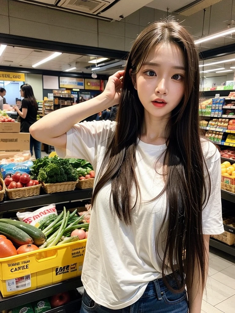 A woman,Messy hair,Wear simple clothes,Surprised expression,The eyes were shocked,Hold your phone,indoor,Grocery room,daytime,Cool colors