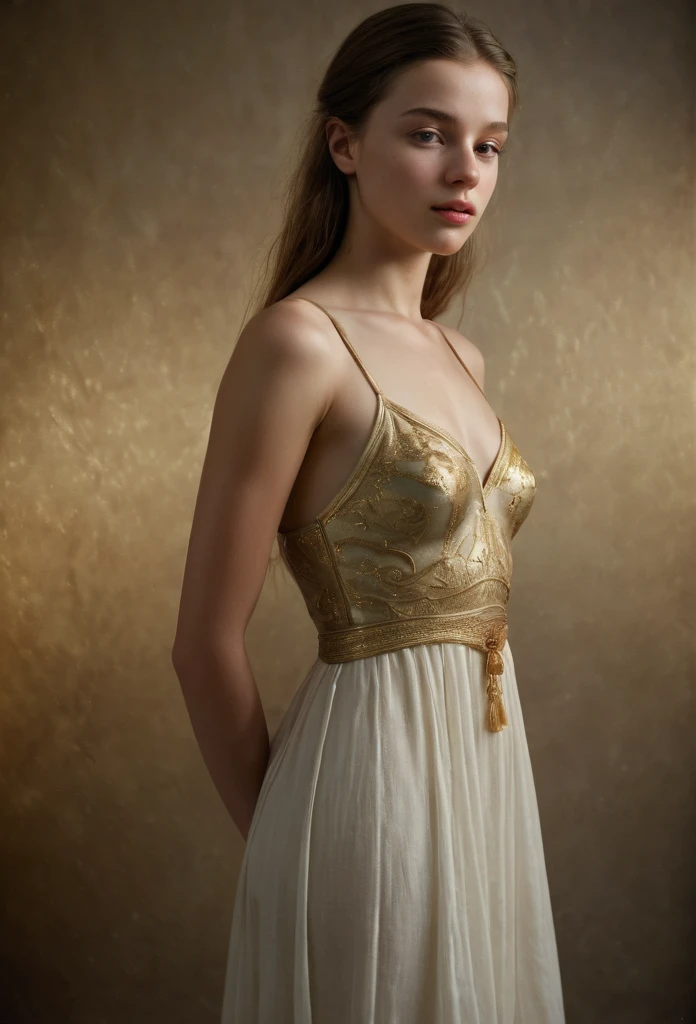 Pictorialism (Masterpiece, Best Quality, Highres:1.2) Pictorialism, by OscarGustav Rejlander, Photography in 1920, A girl, a dancer in Greek clothing, very beautiful, standing artistically, realistic natural body anatomy, professional light distribution, very artistic lighting gradation, artistic detail, film grains, Gelatin silver print. RAW photo, natural light, epiC Realism, TXT2IMG, full realism, portrait of a beautiful cute skinny 19 years old, studio lighting professionally graded. you wanna merry her. skin pale model, a stunning beauty, professionally graded for maximum impact. The framing of the shot captures Georgy's natural proportions, adhering to the Golden Ratio, creating an air of serenity and beauty. her pale white photorealistic, realistic, extremely detailed, highly detailed, cute, pretty, attractive, Athletic body, fair skin, vellus hair, realistic chest, thin build, Natural proportions ,Skin hairs , Rough skin, Cellulite, Shiny skin ,skin texture , skin highly detailed ,skin texture detailed, Skin bristles, Skin goosebumps, Skin chills ,Grainy skin , cinematic lighting, stunningly beautiful, intricate ,Shiny lips, (professionally graded), (bright soft diffused light),(extremely detailed 8k wallpaper), mood lighting, high quality, film grain, Fujifilm XT3 sharp focus, f 5.6, 50mm, High Detail, Sharp focus,(dark light), boudoir lighting, sits elegantly with artistic precision, her pale skin glowing in the warm, bright soft diffused light. Every detail of her skin is intricately rendered: Skin pores details, Hair follicles, skin cells, skin wrinkles, healthy skin, perfect body, Skin pores, skin wrinkles, healthy skin,skin texture, Light shine on the skin, realistic natural body anatomy and pale skin, skin bristles, all visible under the cinematic lighting. Greek clothing. She wears a black dress with thin straps and elegant gold embroidery