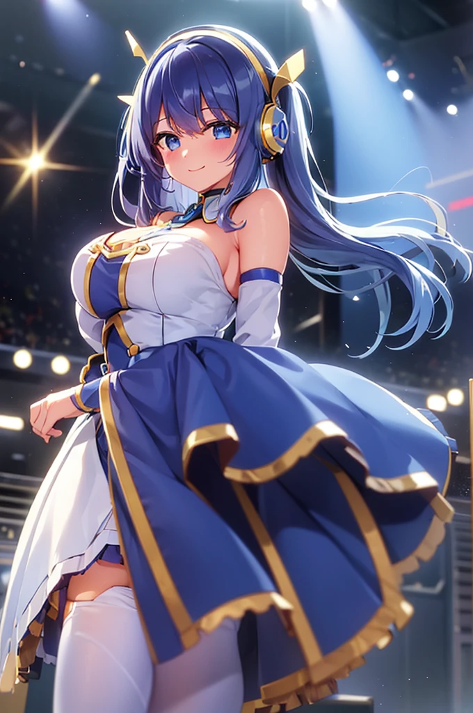 mecha wings、White and blue skirt、Thighs、tights、chest、Twin tails、Blue Hair、1 girl、solo girl、IS、Frame Arms Girl、Alice Gere Aegis、blue armor、income、headphone、hand on own chest、smile、idol woman、idol dress