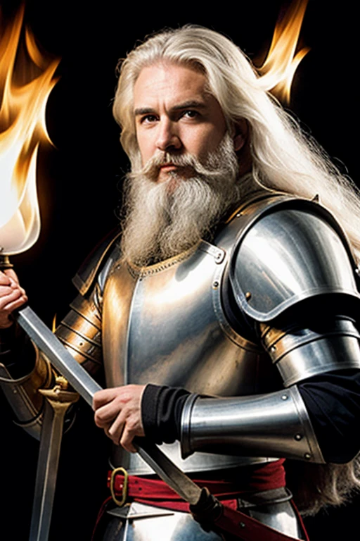 Medieval knight without helmet with white beard and long white hair raising his sword with fire around