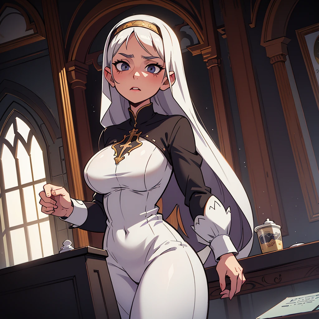 A voluptuous nun with white hair and dark eyes, photorealistic, hyper detailed, cinematic lighting, elegant pose, dramatic chiaroscuro, intricate fabric textures, ornate architecture, moody atmosphere