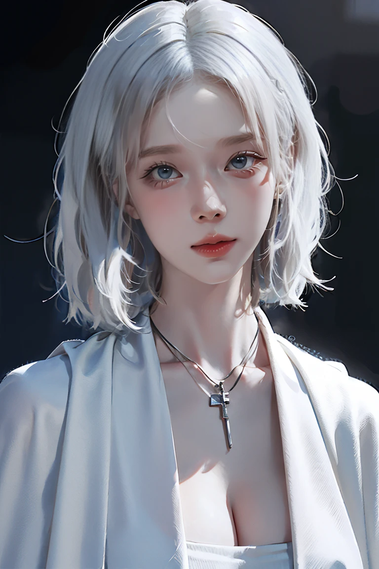 ((Woman with tattoo on chest)), girl, ((Short white hair with bangs, Black strands of hair)), Purple eyes, White T-shirt and white cape, Pendant around the neck. 超High resolution.Realistic. 超High resolution.Realistic:1.4,超High resolution. Realistic,High resolutionで, masterpiece, Highest quality, Very detailed, Better Shadows, Volumetric lighting), super high quality, High resolution, 8k, 超Realisticな肖像画 , Realistic, Dynamic Lighting, Volumetric lighting, Very detailed顔,(Browsing Caution:1.2),Large Breasts,Full Body Stand Posture, Natural and beautiful standing posture, Crisp and realistic body detail