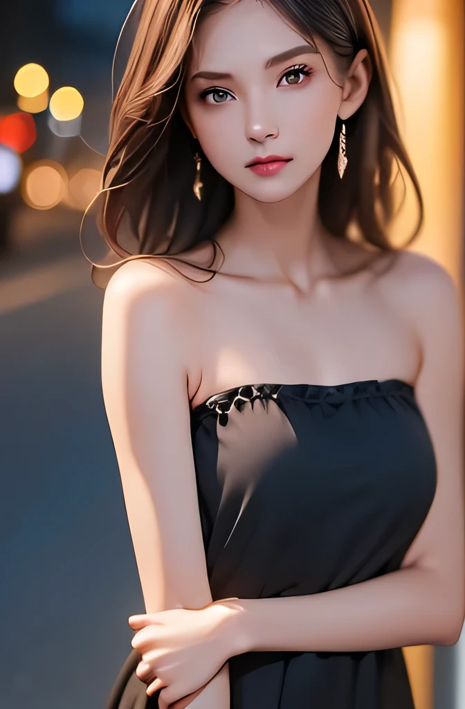 (((best quality))),1 female,slender face,(((arms behind))),(((cool beauty))),Black Hair,Brown Eyes,medium hair,straight hair,small breasts,looking at viewer,bed,25 years old,No pubic hair,Height: 160cm,(full body),blouse,Standing in a busy street at night,mini skirt,Rin々Funny face