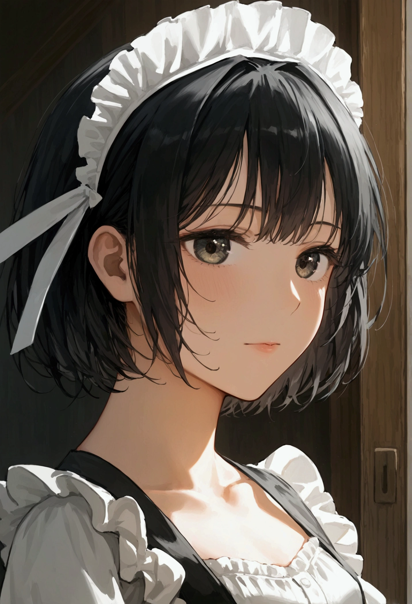 masterpiece, Highest quality, One girl, Maid headdress, Black Hair, Small breasts,