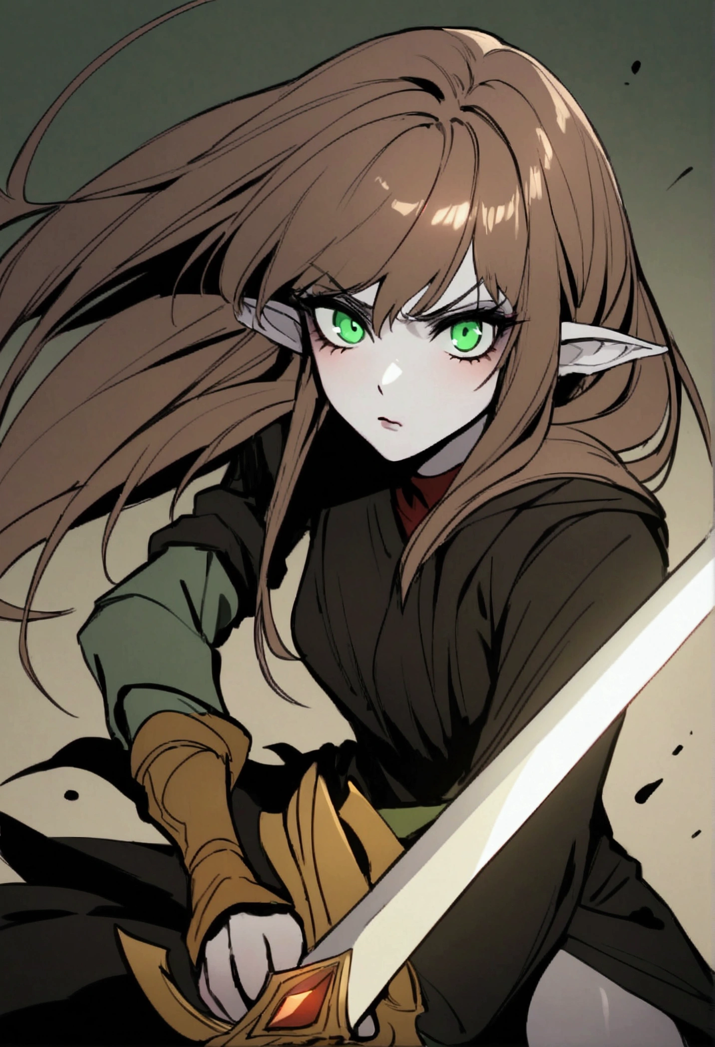 Young elven woman, pale skin, brown hair, green eyes, black clothes, small, dark fantasy, long ears, bladedancer, pissed, holding a sword, fighting, blood staina