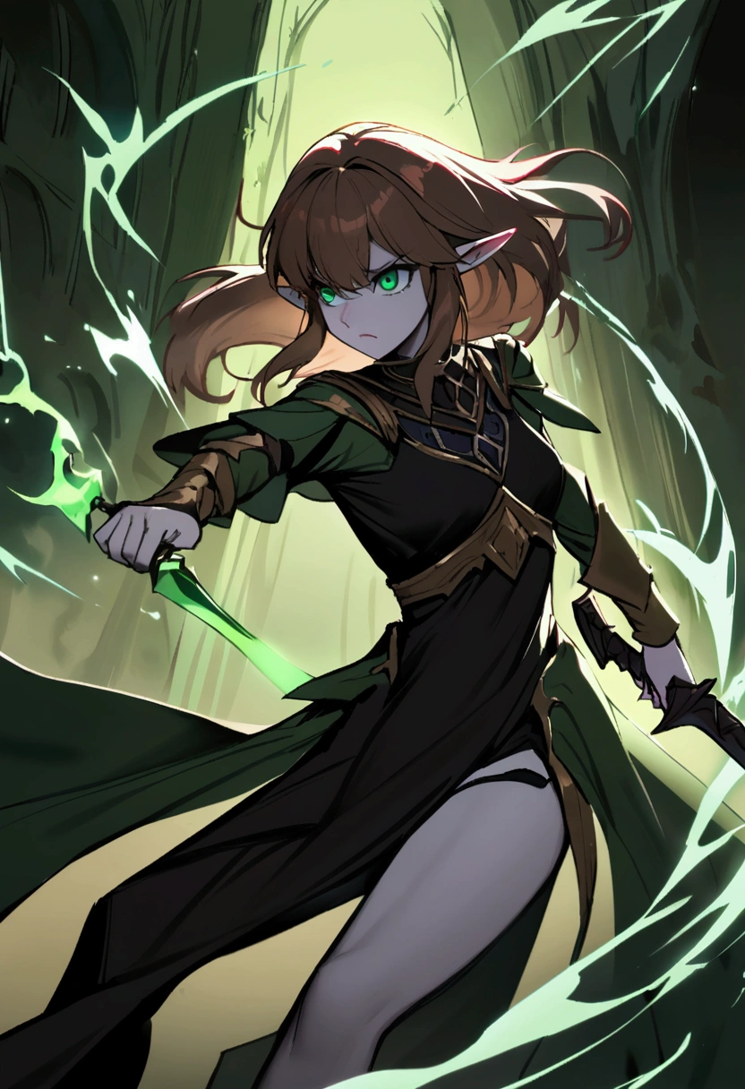Young elven woman, pale skin, brown hair, green eyes, black clothes, small, dark fantasy, long ears, bladedancer, pissed, holding a sword, fighting, blood staina