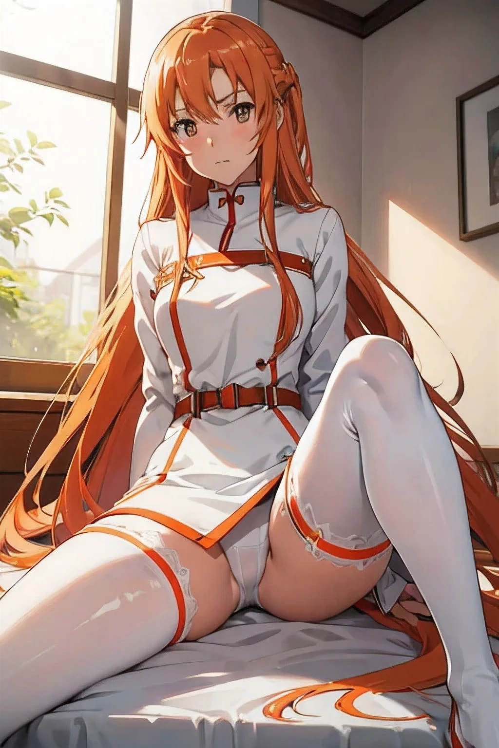 beautiful young, asuna, Sword Art Online, Madura、slim, dark orange hair, long hair, The eyes, gaping mouth, medica, physioterapist, white labcoat、hospitai、sitting, delicada legs spread open, (legs spread open) showcasing, lingerie white, pantyhose, thighs showing, hospital room, sexly, seducing