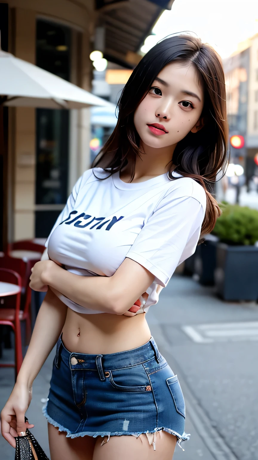 8k, artwork, Highest quality, Realistic, Very detailed, 1 girl, Realistic skin texture, Very large saggy breasts, Behold the Beholder,((underboob)) , Loose mid-cut T-shirt,No down jacket, The shirt has less fabric, Down , (Micro Mini Skirt), , Cinema Lighting, Face Focus, Narrow eyes, Facial details, Bright Face, Light of the sun, Outdoor cafe in the background, Low angle shot, View from Down,(The underboob that protrudes slightly from the shirt)
#The woman is posing confidently, Exudes elegance and dignity. Add a playful touch to a sophisticated look. The rooftops are shining with the warm city lights, The presence of dazzling neon lights dotting the horizon、The atmosphere increases。.。. The images are of the highest quality., Sharp focus and very detailed features, Capturing every nuance of a woman'Facial expressions and surroundings. The overall effect is realistic and immersive, HDR rendering enhances rich colors and textures.