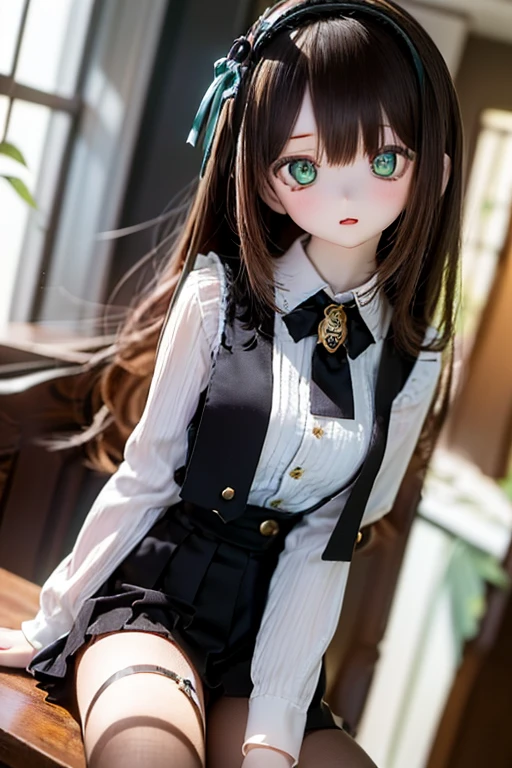 (SFW:2), photorealistic, realistic photo, 8k, ((highest quality)), ((masterpiece)), (extremely detailed), kukolnydom, doll, (mature woman, 21yo, 21 years old, solo:1.6), ((cowboy shot, sitting on chair, head tilt, slim, slender, skinny, medium breasts, hairband, ascot, vest, blouse, long puff sleeves, pleated skirt, black pantyhose)), (green eyes, brown hair, long hair, plastic skin, looking at another, glass eyes, gradient eyes, shining eyes, detailed eyes:1.3)
