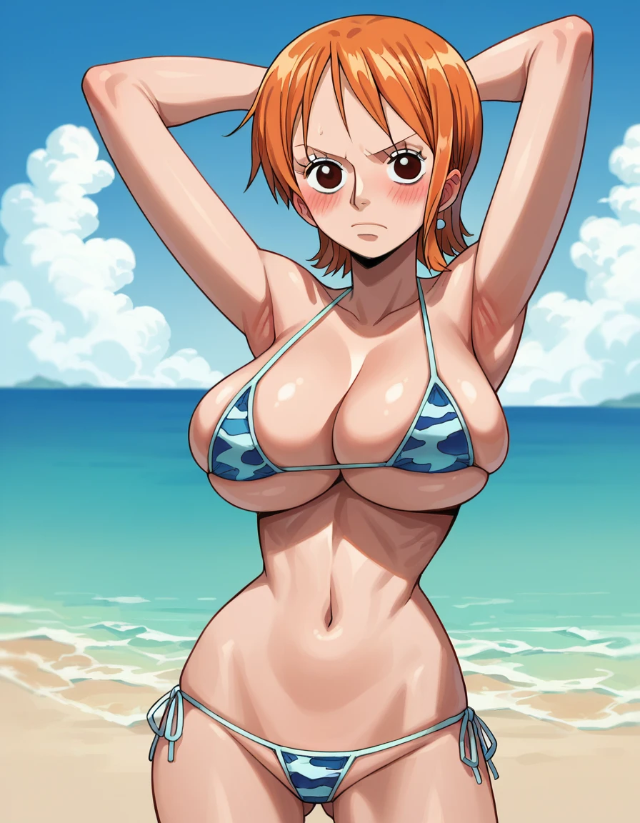 score_9, score_8_up, score_7_up, source_anime, best quality, nami, one piece nami, pre timeskip, orange hair, short hair, large breasts, perfect body, looking at viewer, cowboy shot, from front, cleavage, beach, micro bikini, arms behind head, blush