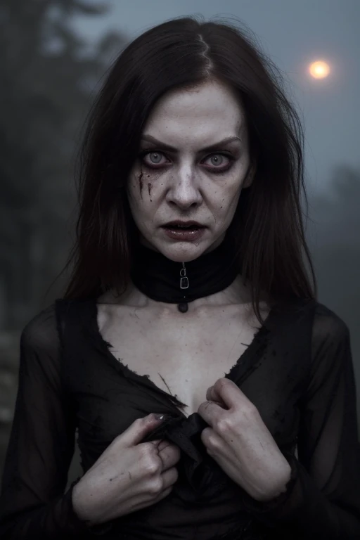 A very pale humanoid woman, with red eyes, she is crazy, crazy, horror, she is creepy, she is scary, an expression of shock, a psychopath's look, very evil, she is skinny, she evokes fear, terror, dread, decay, disgust, she she is a psychopath, dark, unusually thin, unusually attractive, thin, disheveled, emaciated, twisted, scary, sick, alone, close up, fog, evil eyes, bright eyes, (she is wearing an old and very dirty torn black dress), weather autumn, dusk