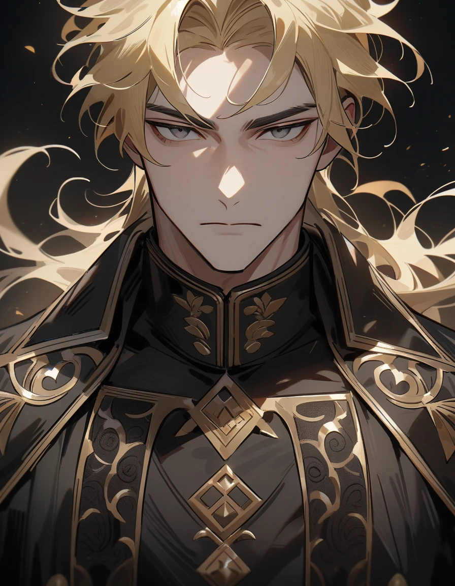 (extremely stoic and handsome:1.2), 8K,(masterpiece:1.0),(best_quality:1.0), 1 man, and intricate detailing, Enlarged textures, and intricate detailing, finely eye and detailed face, stoic handsome masculine face and intricate detailing, blonde taper fade hair, (closed mouths), Perfect grey eyes, Equal eyes, carolina eyes (A male god) with military black uniform clothing