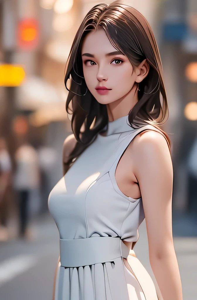 (((best quality))),1 female,slender face,(((arms behind))),(((cool beauty))),Black Hair,Brown Eyes,medium hair,straight hair,small breasts,looking at viewer,bed,25 years old,No pubic hair,Height: 160cm,(full body),blouse,Standing in a busy street at night,mini skirt,Rin々Funny face