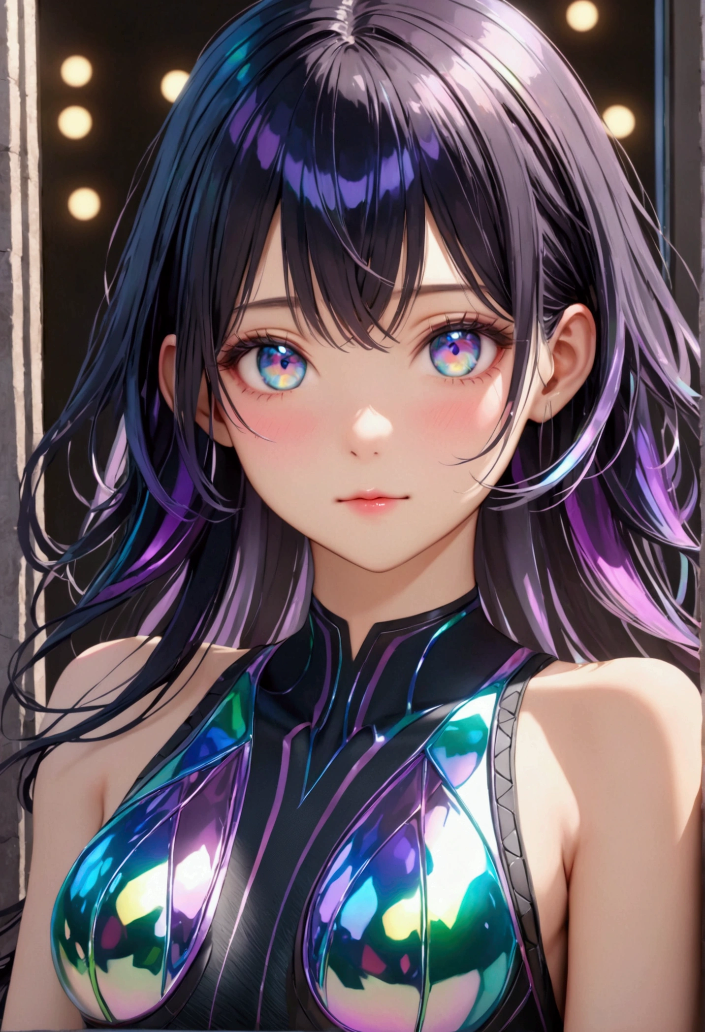 dark iridescent hair, multicolored eyes, slender and athletic built, UHD, masterpiece, super detail, best quality, 8k