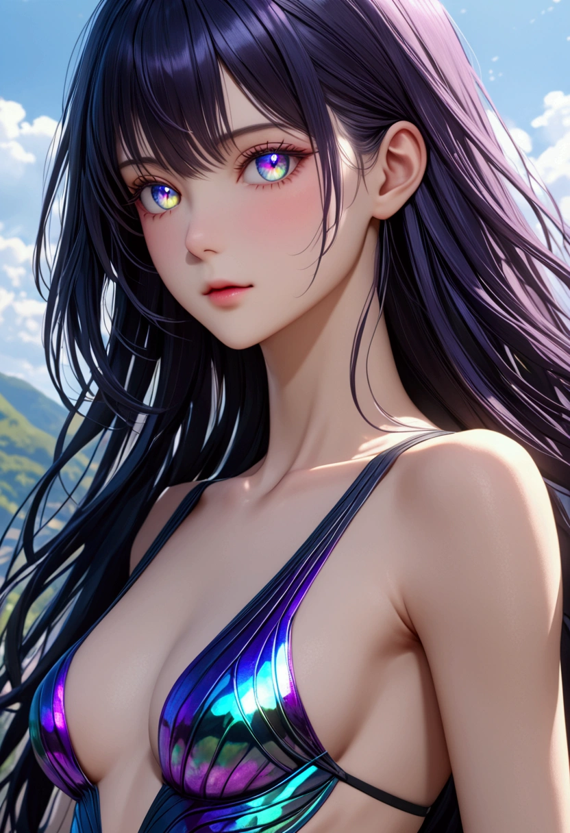 dark iridescent hair, multicolored eyes, slender and athletic built, UHD, masterpiece, super detail, best quality, 8k