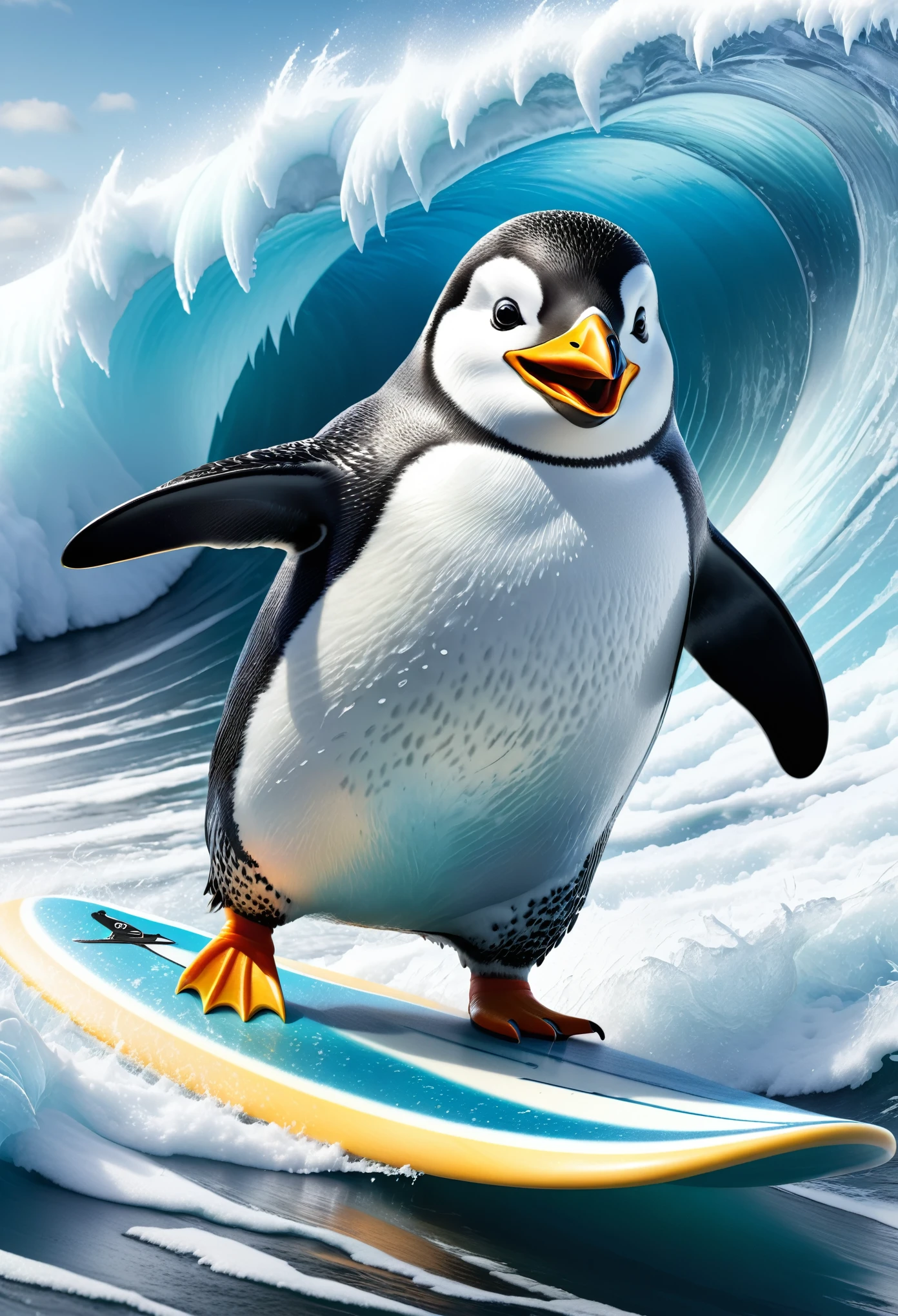 photorealistic portrait of Dressed animals - a ((fat)) ((penguin)) surfer,(surfing:1.5), (riding on surfboard:2.0), (riding on frozen waves :2.0),(dynamic angle:1.2),high quality,(happy smile:1.5),(cool) ,intricate details, (), highly detailed ((surfboard)) ,highly detailed frozen wave  , passing through frozen wave tunnel, , (frozen splash), natural lighting,(full body image:1.5),big frozen wave background,(),