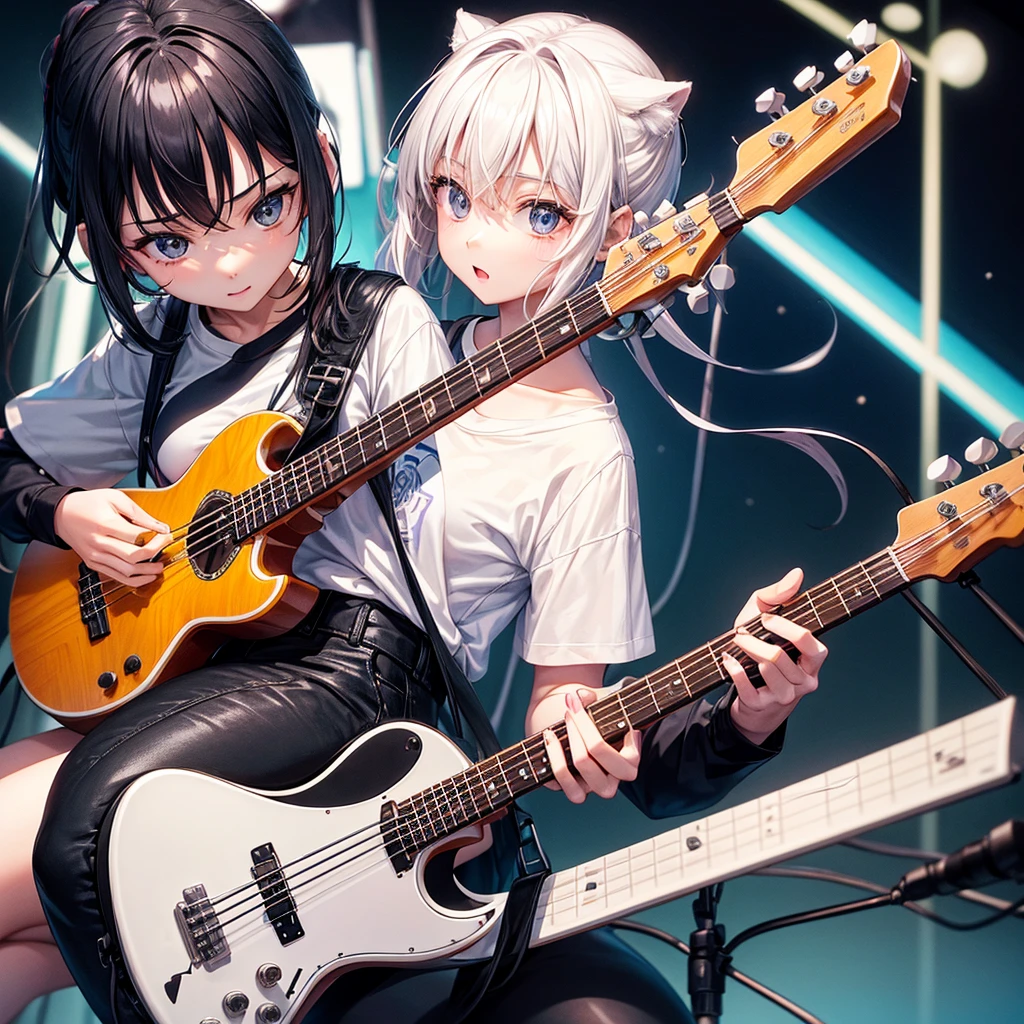 whole body、An illustration、7th life、Cute woman、Five-member girl band、Instrument playing、Two limbs each、2 guitars、Bass guitar1 person、1 drummer、Keyboard piano1 person、Plain white T-shirt、Black skinny pants