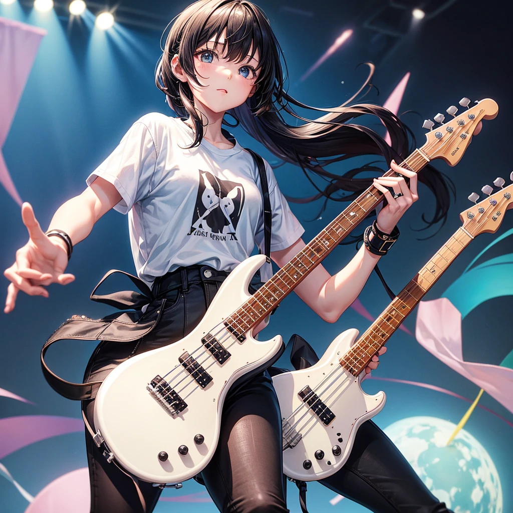 whole body、An illustration、7th life、Cute woman、Five-member girl band、Instrument playing、Two limbs each、2 guitars、Bass guitar1 person、1 drummer、Keyboard piano1 person、Plain white T-shirt、Black skinny pants