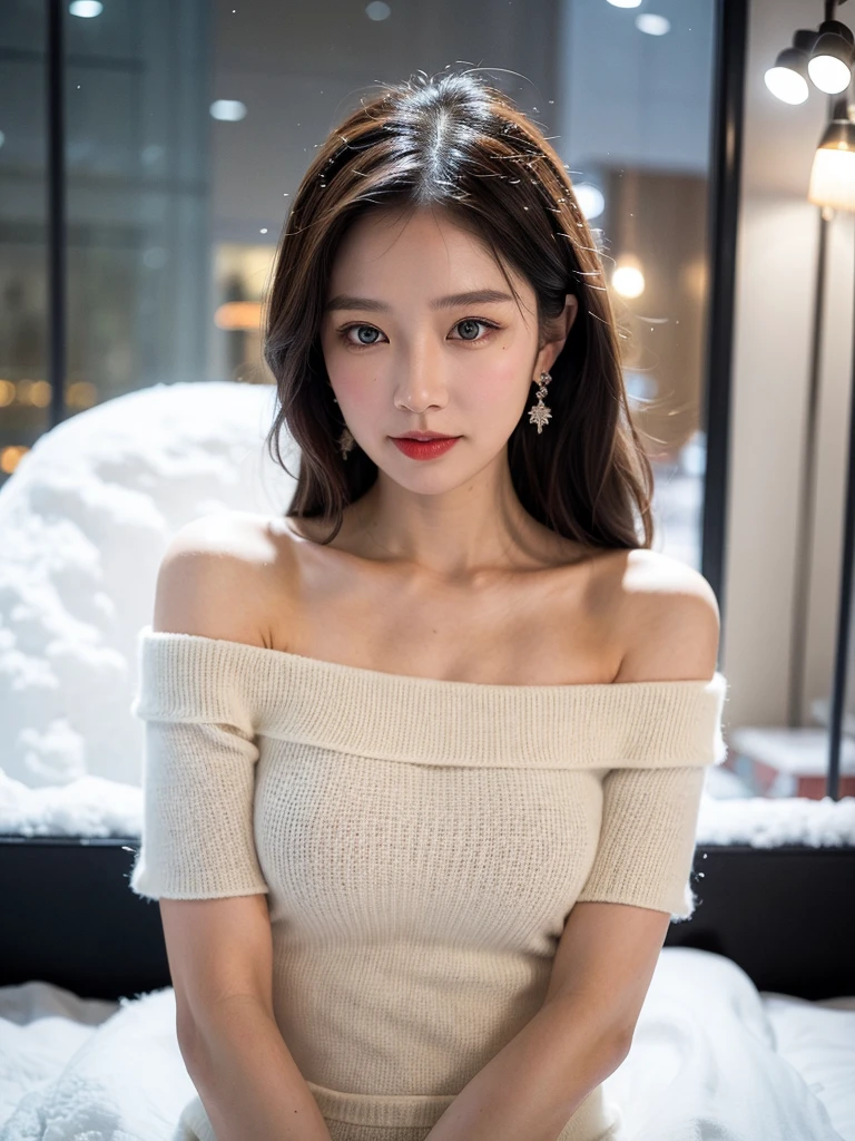 tmasterpiece、quality、ultra - detailed、Marilyn Tagirth，Focus on thighs and above，Clear face，（Best quality at best）， beuaty girl：1.5、Red fluffy off-shoulder dresig wind，long hair fluttering，Snowflake earrings、snowflakes falling、bblurry、Snow World