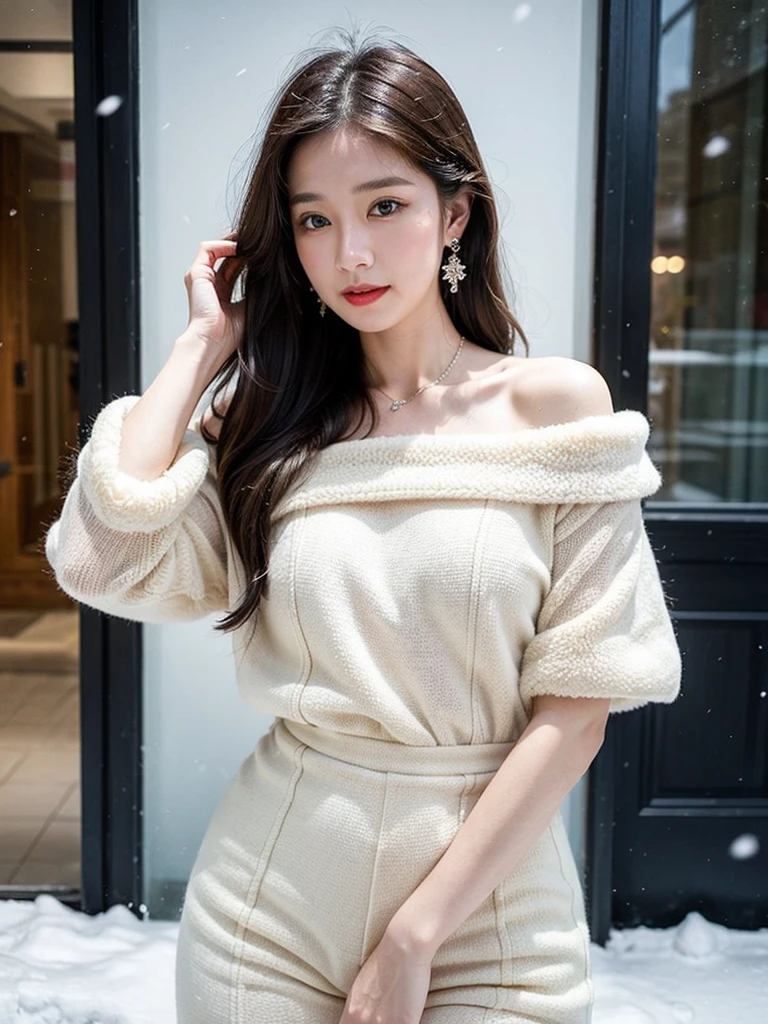 tmasterpiece、quality、ultra - detailed、Marilyn Tagirth，Focus on thighs and above，Clear face，（Best quality at best）， beuaty girl：1.5、Red fluffy off-shoulder dresig wind，long hair fluttering，Snowflake earrings、snowflakes falling、bblurry、Snow World