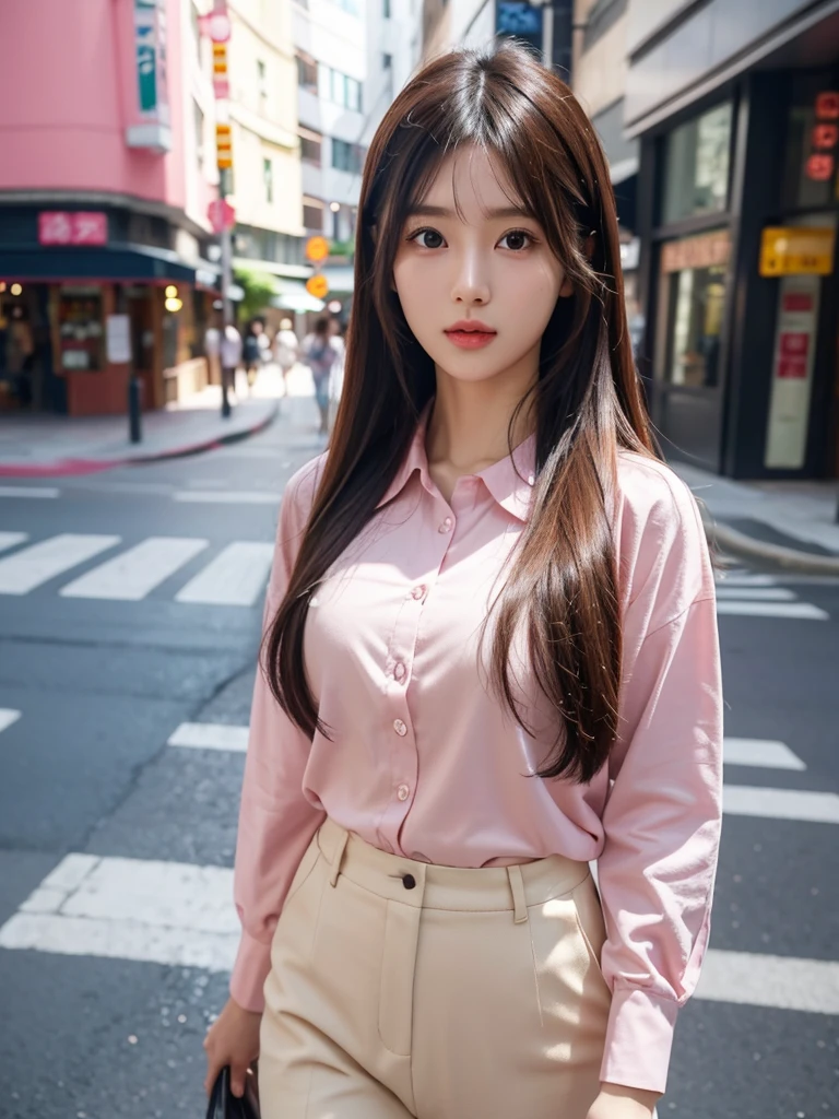 best quality, 8k, very delicate and beautiful, highly detailed face and skin texture, shiny skin, high resolution, cute long hair japanese girl in pink shirt walking on street, full body, sharp focus