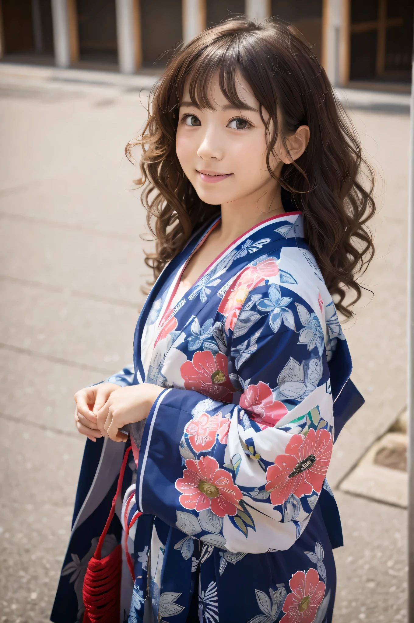 Japanese whole body Curly Hair cute RAW photograph yukata Real geta Whitening older sister looking at the camera Looking up