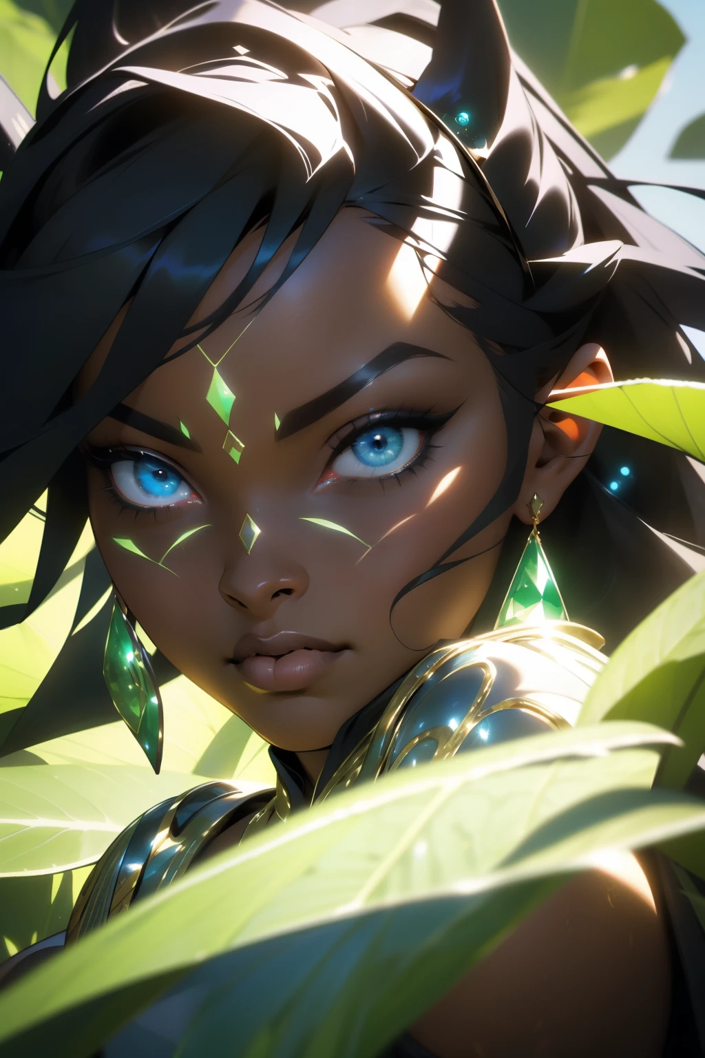 In this captivating close-up shot, a radiant black woman is elegantly adorned in traditional African attire. Her mesmerizing blue eyes stand out against her rich, dark skin, illuminated by a cascade of green light rays that seem to shimmer and dance across her surface, creating a mesmerizing glow. This 3D animated image, reminiscent of the style found in Final Fantasy 7, is rendered with meticulous detail and clarity, showcasing every intricate curve and texture of her skin in exquisite high definition.

With a 32k resolution, this image is a testament to the power of Unreal Engine 5's