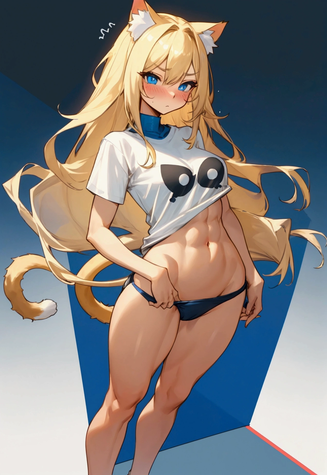 Make me a cat girl, the girl has long blonde hair, she has a sexy and athletic body but not so muscular, thighs and buttocks, not too much either. big not too small, her breasts not too big not too small, make her a cute and shy cat girl, her face is flushed with a shy and embarrassed expression. She is dressed in a short white but loose t-shirt with her abdomen exposed showing her skin and with her bare butt without panties pointing towards the viewer with her cat tail in the air along with her buttocks showing her parts, they give me a full body image , her blue eyes