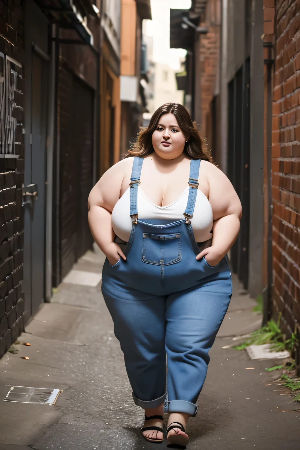 (A large group) of morbidly obese Bbws, various natural hair colors, nude body under Jean overalls, large body proportions , love handles, massive breasts, standing in a dark alley