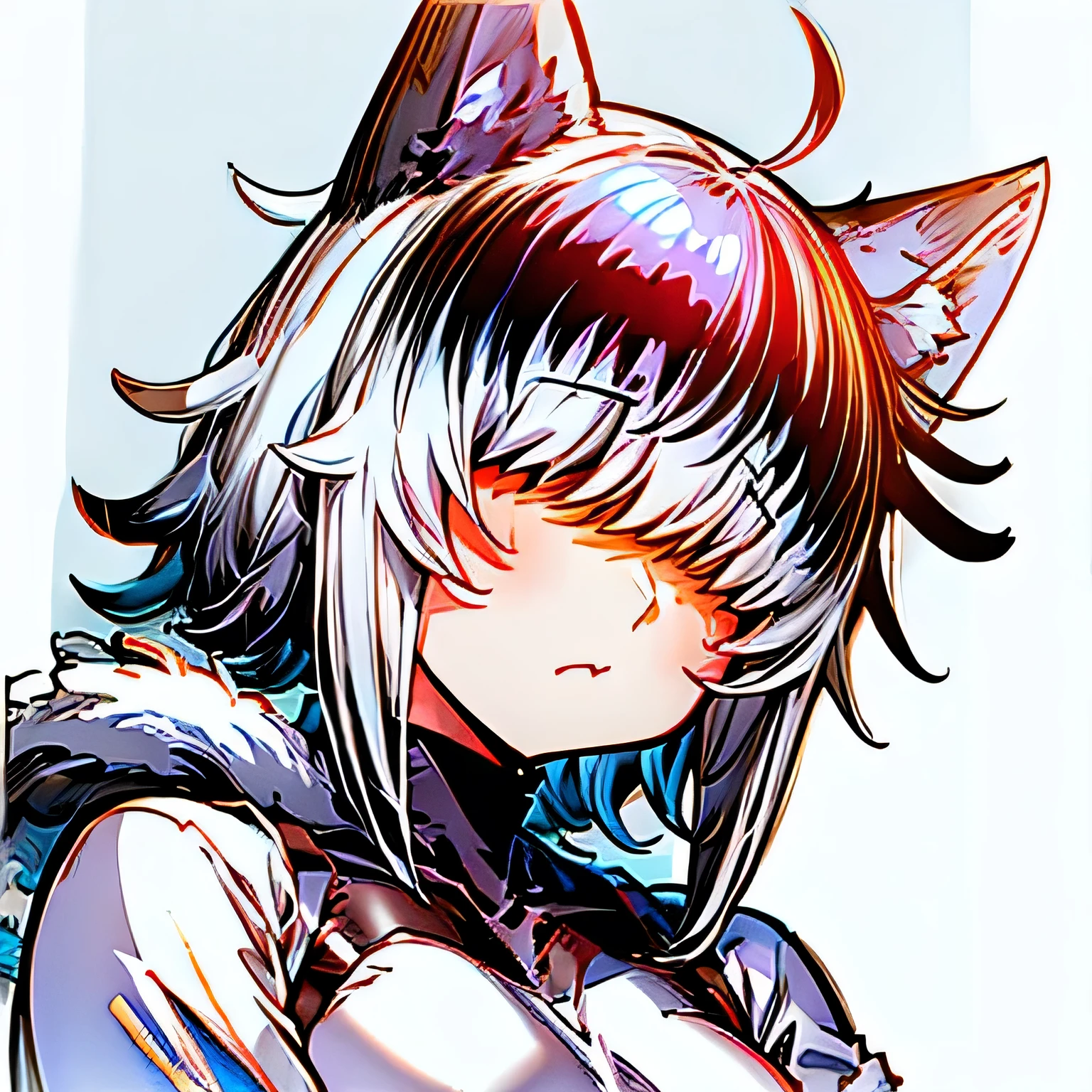 Anime girl, gray fluffy hair, raika, wolf girl, fringe covering both eyes, covered eyes