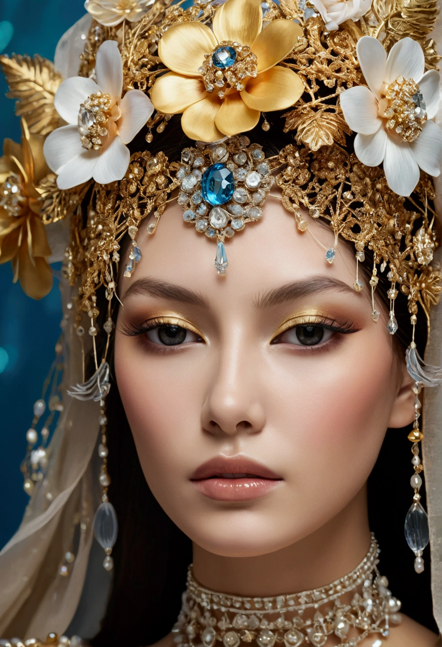 a close up of a mannequin head with a flower crown on it, jellyfish headdress, jeweled headdress, elaborate ornate head piece, intricate chrome headdress, headdress, intricate gold headdress, his head covered in jewels, headpiece, ornate headpiece, ornate headdress, karol bak uhd, head piece, goddess. extremely high detail