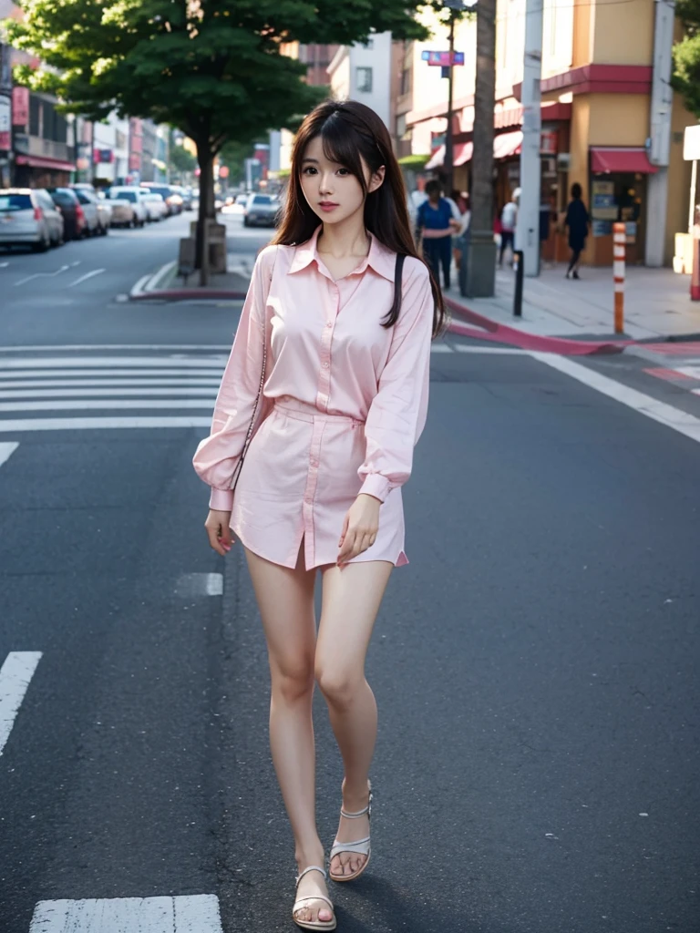 best quality, 8k, very delicate and beautiful, highly detailed face and skin texture, shiny skin, high resolution, cute long hair japanese girl in pink shirt walking on street, full body, sharp focus