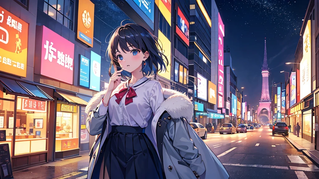 masterpiece, Highest quality, One girl, City Pop, night, Let&#39;s take another look, Upper body, Vector illustration, Jacket, smile, Blunt bangs, Hair length, Lofi Art,Witch&#39;s Clothes