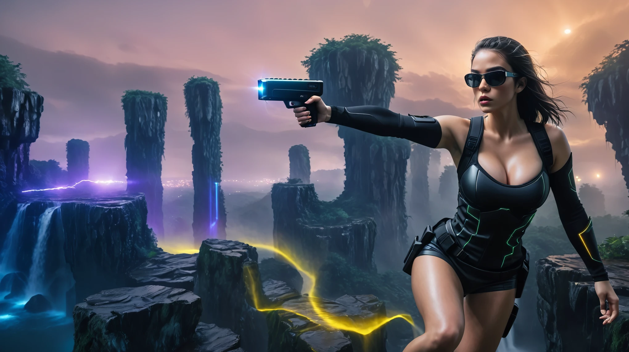 Aerial view, (flying giant petrified beast), waterfall, sci-fi outdoor maze forest as background. Matrix style, at night, dark sky. (1girl, solo), photo realistic, large-breast:1.2 slim:0.9 body, cleavage:1.2, tube top, miniskirt, (matrix style black sunglasses), (holding a mini:1.1 stun gun), half-body thigh level medium shot, cinematic lighting, ray tracing.