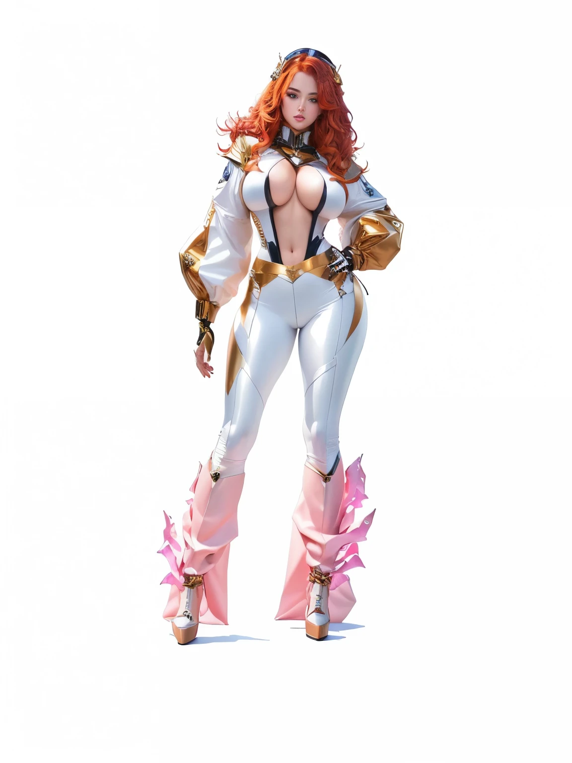 Redhead big breasts thick thighs,(latex body), shorth hair, clothes with gold details High quality details highlighting the contrast of the waist ,(goddess),(close-fitting clothes) ,(maximum sharpness),(works in 4K),(resolution autism)