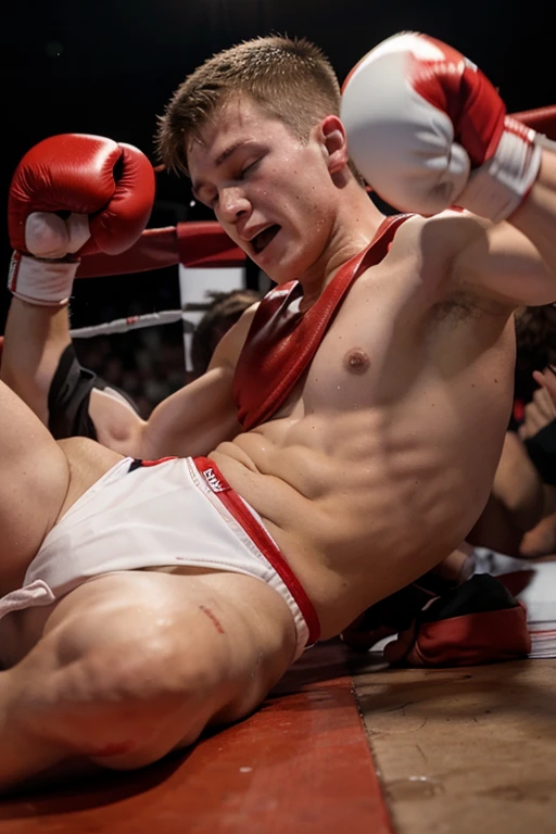 18 year old white boy with little red speedo boxing, on the ground defeated and pain