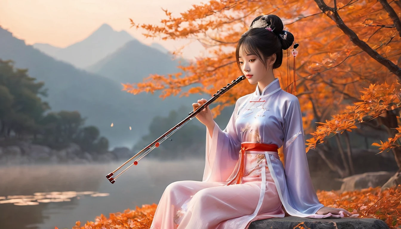 1 anime chinese girl,Playing erhu,Holding an Erhu, (((masterpiece,Highest quality))),((Good structure,Good composition,Good Atomy)), ((clear, original,beautiful)),sitting on chair, outdoors, chinese nature,Background like a Chinese ink painting, She is dressed in elegant traditional Chinese clothing, such as a qipao or hanfu which flows beautifully as she plays.The background features a majestic scene of misty Chinese mountains at dawn, with the sky painted in warm hues of orange, pink, and gold, creating a serene and enchanting atmosphere. soft, ethereal lighting enhances the landscape, highlighting the beauty of the moment as the sun rises and bathes the scene in a gentle glow