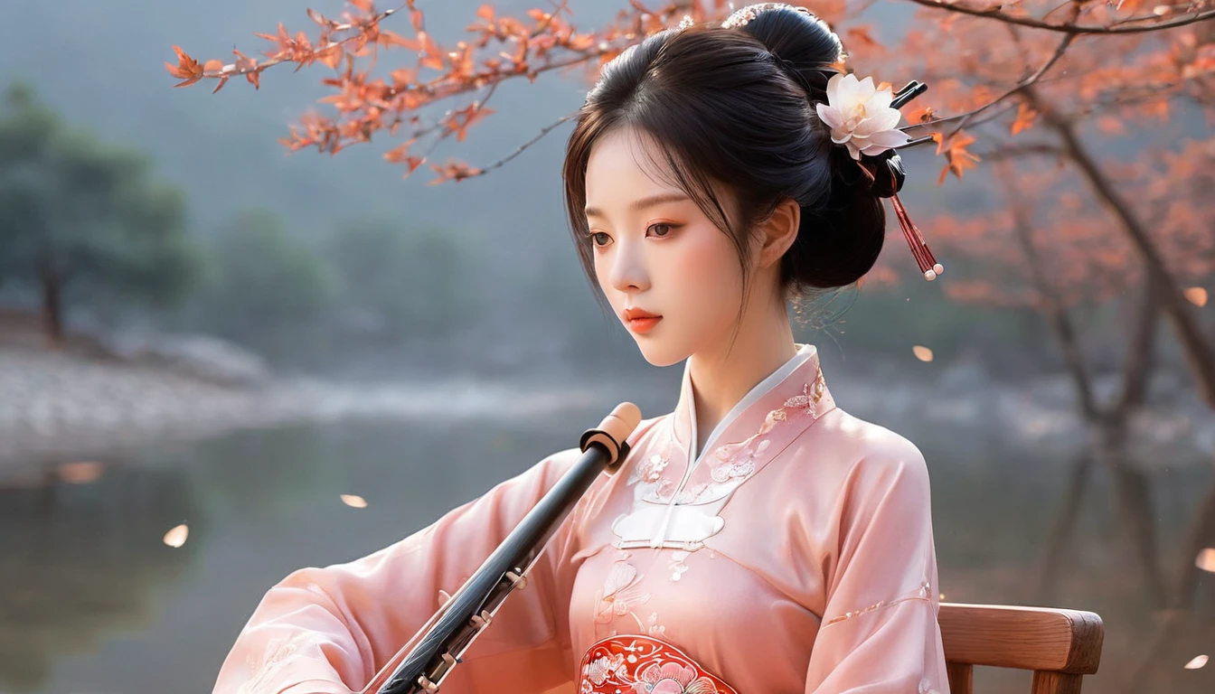 1 anime chinese girl,Playing erhu,Holding an Erhu, (((masterpiece,Highest quality))),((Good structure,Good composition,Good Atomy)), ((clear, original,beautiful)),sitting on chair, outdoors, chinese nature,Background like a Chinese ink painting, She is dressed in elegant traditional Chinese clothing, such as a qipao or hanfu which flows beautifully as she plays.The background features a majestic scene of misty Chinese mountains at dawn, with the sky painted in warm hues of orange, pink, and gold, creating a serene and enchanting atmosphere. soft, ethereal lighting enhances the landscape, highlighting the beauty of the moment as the sun rises and bathes the scene in a gentle glow