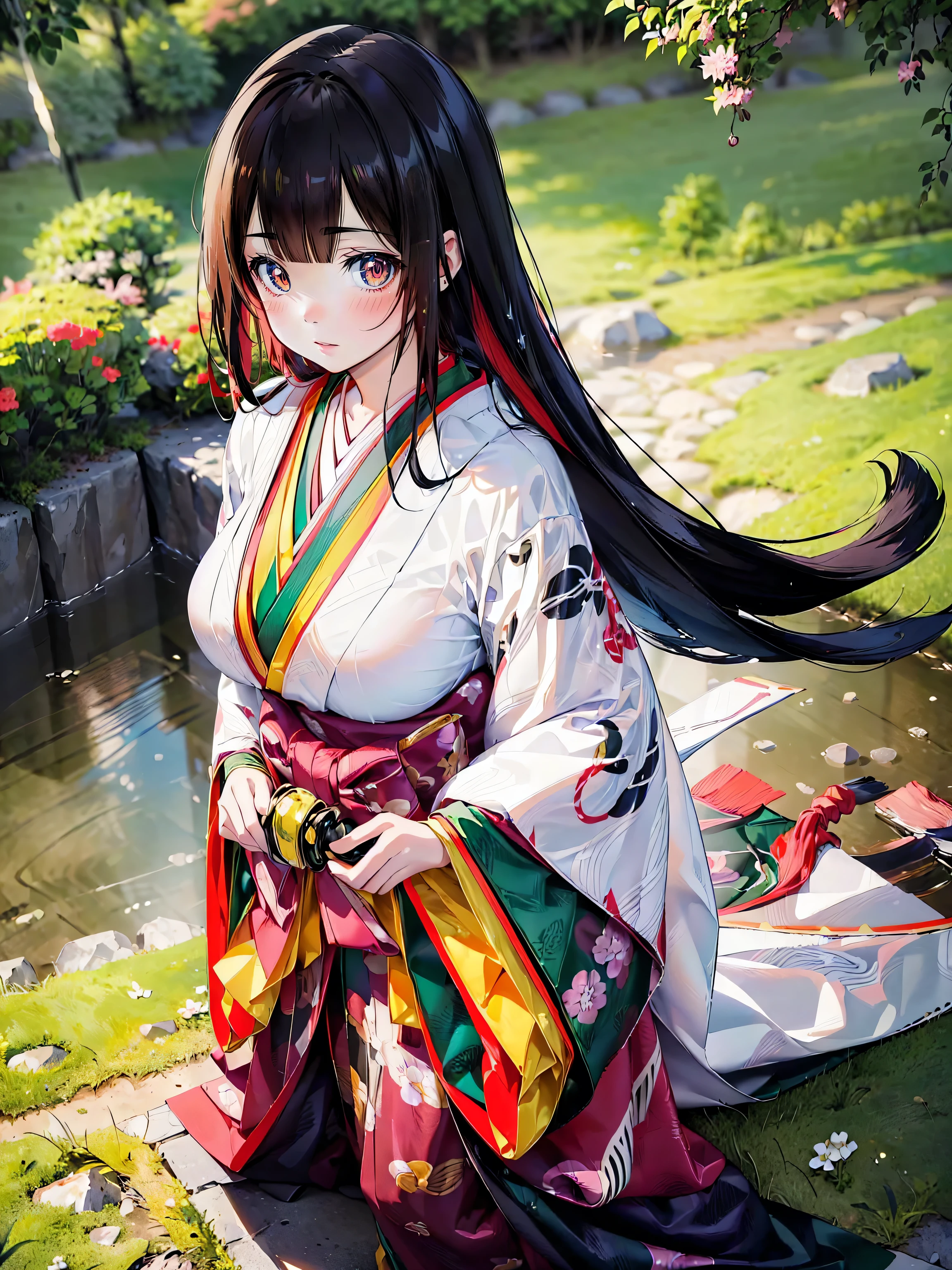 (solo japanese girl:1.3), (Straight long hair, Shiny and glossy black hair:1.3), Karaginu jacket, Long hakama, The cuffs and chest of the five-piece garment, Wearing Imperial Kimono, Imperial Patterns, (huge breasts), (from front), (cowboy shot), (leaning forward, looking up, from above:1.3), (((Masterpiece, Super detail, top quality, ultra high res, Spectacular Quality, Distinguished Quality, ultra detailed, unity 16k, ultra photo realistic))), (moe animation art style:1.5),
