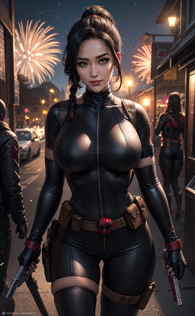 masterpiece, best quality, highres, contrapposto, BodySuit_lady_deadpool_ownwaifu, Christina Chong beautiful face, narrowed eyes. smirk. black braided hair with narrowed eyes,, mask, black hair, ponytail, long hair, large breasts, no pupils, bodysuit, skin tight, superhero, belt pouch, utility belt, red bodysuit, gloves, weapon on back, thigh pouch, thigh strap, thigh holster, belt buckle, turtleneck, light particles, depth_of_field, scenery, night, aerial fireworks, solo, cowboy shot, looking at viewer,
