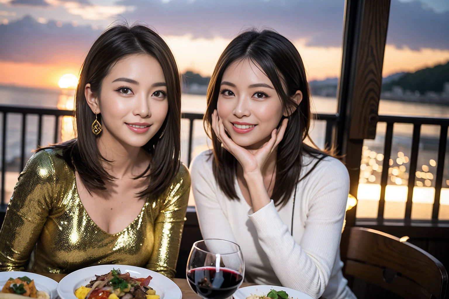 (Realistic:1.1),(masterpiece,Highest quality),8k,(49 years old), 53 years old, ベリーslimボディ、slimカップル、Tight waist,Upper Body,full-course dinner、wine 、Amazing view of the sunset sky and clouds、Perfect Anatomy, Brown Hair, short hair,Random Hairstyles,((Highly detailed face and eyes:1.2)),Perfect golden ratio face,Long sleeve shirt、dress,(smile:1.2)、Shortcuts、cute、(Realistic, Intricate details:1.2), A bright smile、short hair,Bright Face、赤wine 、Appetizers、Italian food、wine bottle、Champagne、スパークリングwine、(slimな顔), (The body is slim), (Brown Hair), (Shortcuts), Upper Body, 白wine, slim, wineグラス,