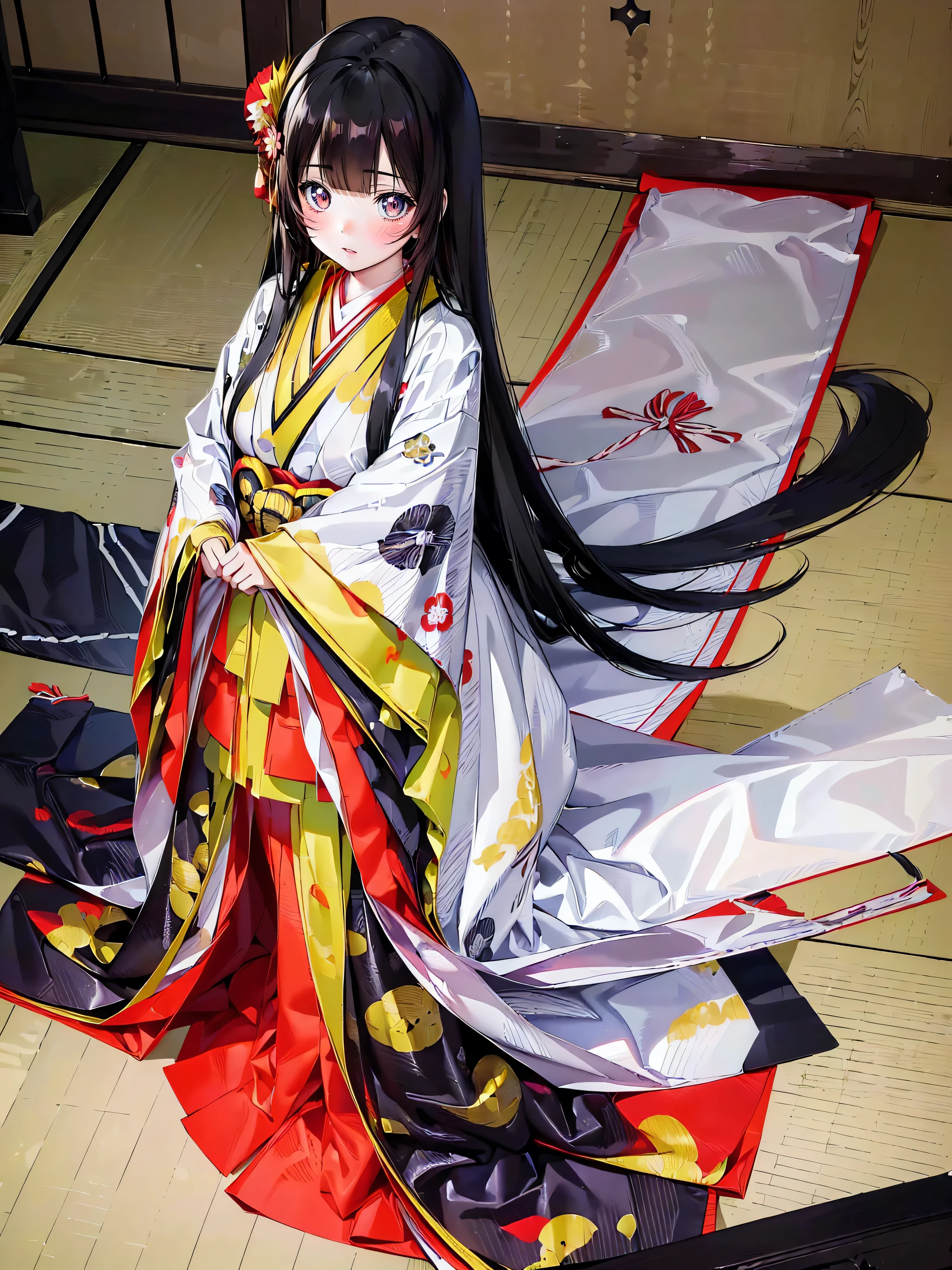 (solo japanese girl:1.3), (Straight long hair, Shiny and glossy black hair:1.3), Karaginu jacket, Long hakama, The cuffs and chest of the five-piece garment, Wearing Imperial Kimono, Imperial Patterns, (huge breasts), (from front), (cowboy shot), (leaning forward, looking up, from above:1.3), (((Masterpiece, Super detail, top quality, ultra high res, Spectacular Quality, Distinguished Quality, ultra detailed, unity 16k, ultra photo realistic))), (moe animation art style:1.5),