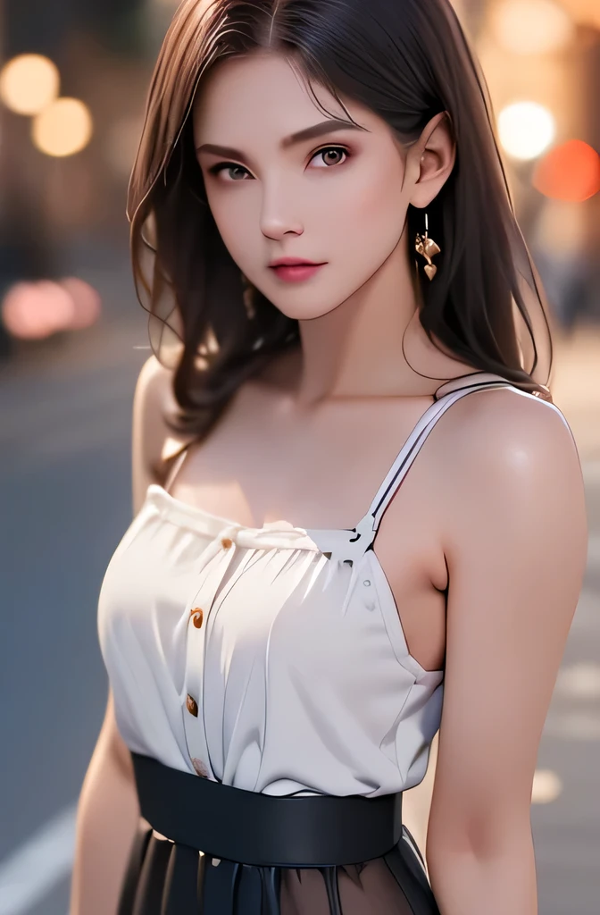 (((best quality))),1 female,slender face,(((arms behind))),(((cool beauty))),Black Hair,Brown Eyes,medium hair,straight hair,small breasts,looking at viewer,bed,25 years old,No pubic hair,Height: 160cm,(full body),blouse,Standing in a busy street at night,mini skirt,Rin々Funny face