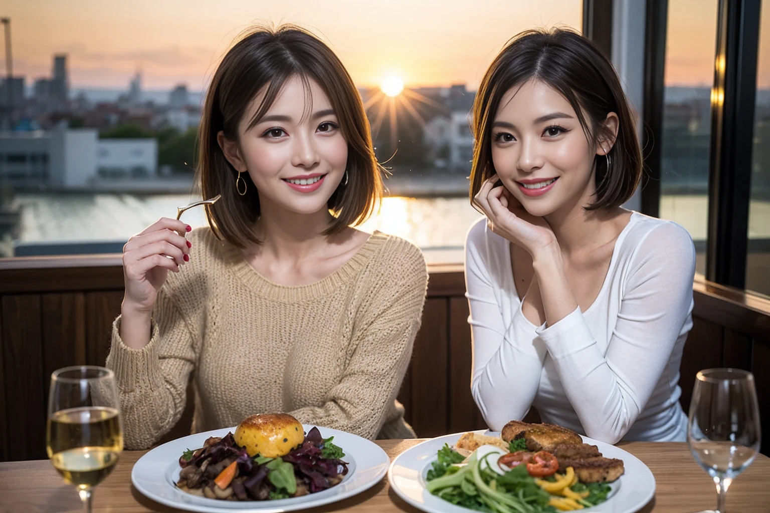 (Realistic:1.1),(masterpiece,Highest quality),8k,(49 years old), 53 years old, ベリーslimボディ、slimカップル、Tight waist,Upper Body,full-course dinner、wine 、Amazing view of the sunset sky and clouds、Perfect Anatomy, Brown Hair, short hair,Random Hairstyles,((Highly detailed face and eyes:1.2)),Perfect golden ratio face,Long sleeve shirt、dress,(smile:1.2)、Shortcuts、cute、(Realistic, Intricate details:1.2), A bright smile、short hair,Bright Face、赤wine 、Appetizers、Italian food、wine bottle、Champagne、スパークリングwine、(slimな顔), (The body is slim), (Brown Hair), (Shortcuts), Upper Body, 白wine, slim, wineグラス,