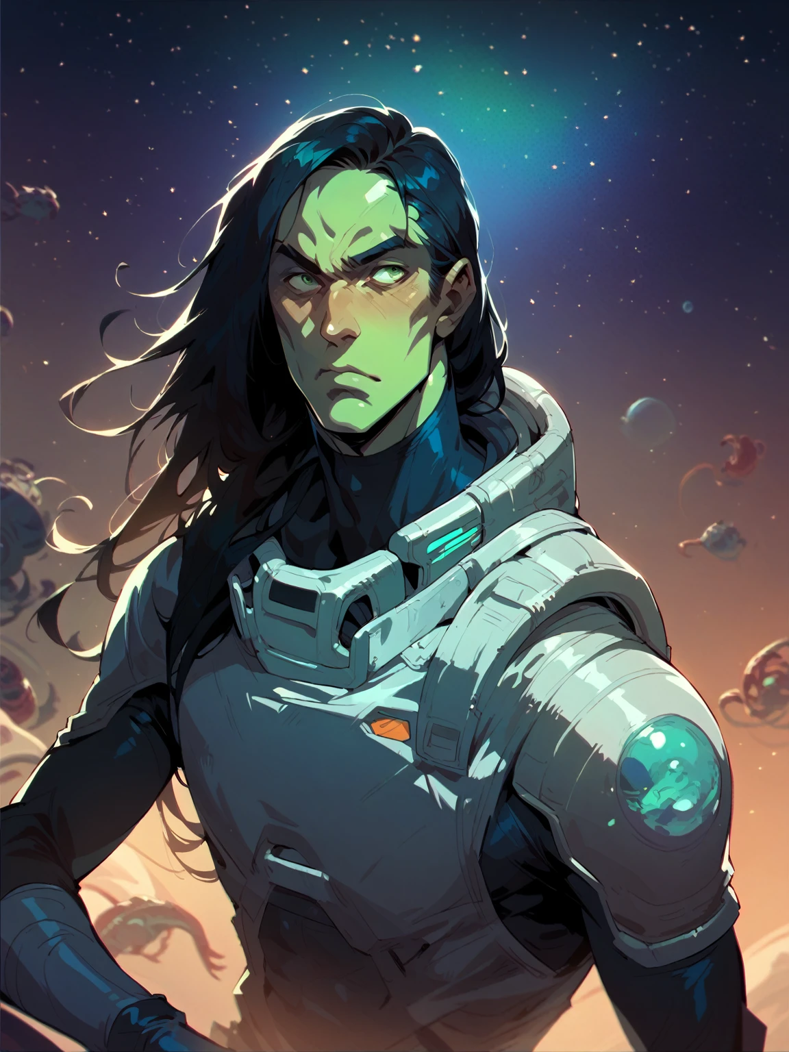 alien horns, male, young male, sci fi, space, space clothes, long hair, black hair, green eyes, aquamarine skin, cosmic, space suit, cosmic feature, alien