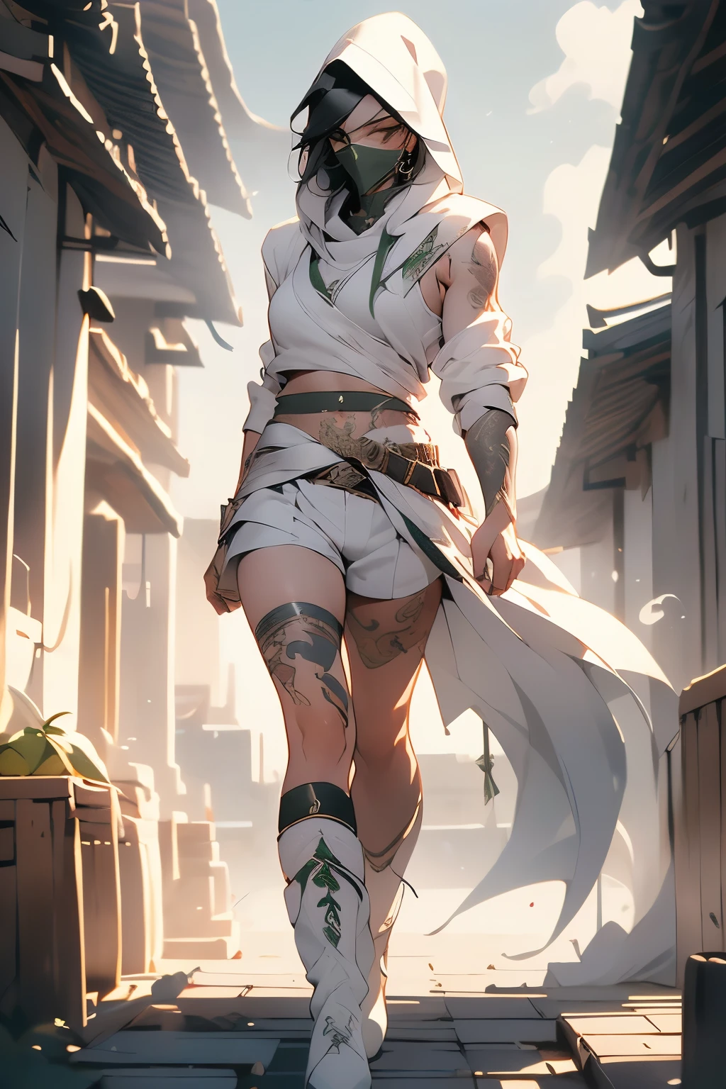 (Best quality,4K,8K,A high resolution,tmasterpiece:1.2),Smoke background, Akali, 1个Giant Breast Girl, long_the sleeve,White hood,White shorts,,Tattooed with , Permanent, full_body, arma,sickle,daggers,,White boots, Leucorrhoea,White mask,Outdoor activities,buildings