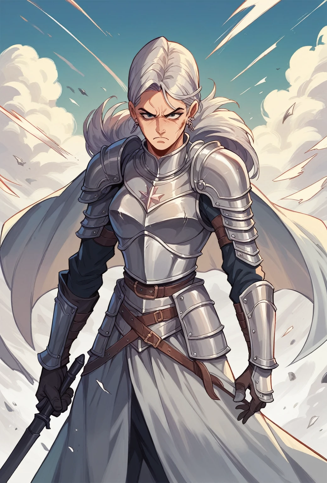 concept art, woman warrior, swordsman, silver armor, multiple poses, slashing attack, blocking, piercing attack, dodging, action scenes, masterpiece, high quality.