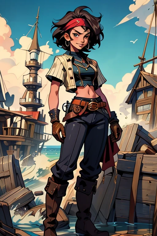 A man with short gray hair, Wearing a brown headband, deep-set eyes, a determined expression, a smiling face, he is dressed in a two-piece fantasy pirate-style leather outfit, flowing lower hem, short sleeves, gloves, a belt around his waist, coarse fabric trousers, long leather boots, the color scheme includes yellow and light blue and black and red, he has a tall stature, stands with his right hand on his hip, exuding confidence, in the background showcases the raging sea with towering waves, in the distance a thriving city can be seen, this character embodies a finely crafted fantasy-style pirate in anime style, characterized by an exquisite and mature manga illustration art style, high definition, best quality, highres, ultra-detailed, ultra-fine painting, extremely delicate, professional, anatomically correct, symmetrical face, extremely detailed eyes and face, high quality eyes, creativity, RAW photo, UHD, 8k, Natural light, cinematic lighting, masterpiece:1.5